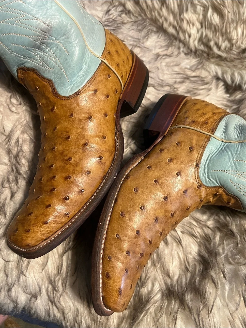 JM Collection Tan Ostrich Leather Western Boots with Light Blue Shaft Sz 8 D